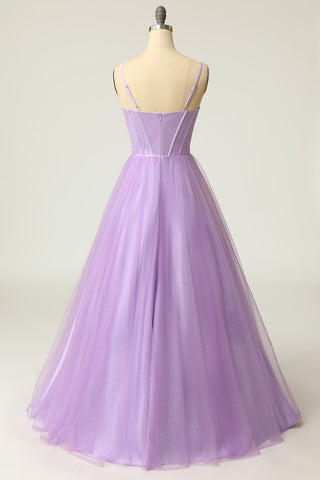 A Line Spaghetti Straps Light Purple Long Prom Dress