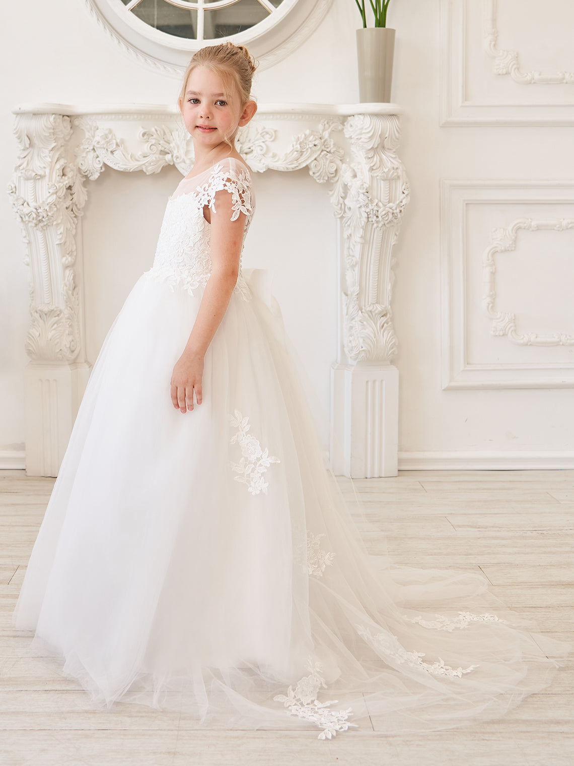 Vestido de niña de las flores para la Primera Comunión, color marfil, con cola desmontable estilo princesa. 