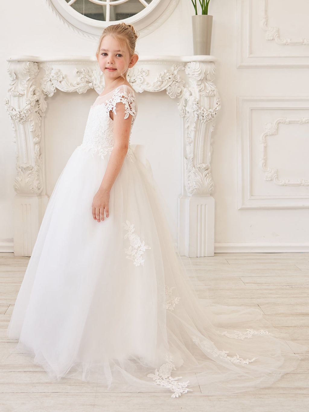 Vestido de niña de las flores para la Primera Comunión, color marfil, con cola desmontable estilo princesa. 