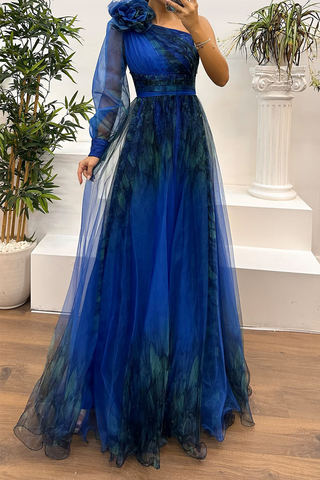 Vestidos de noche sexys para baile de graduación con estampado floral, abertura, malla en forma de flor y hombros caídos (6 colores) 