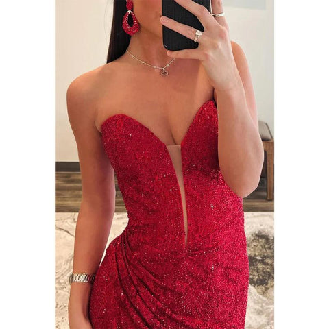 Vestido de noche para fiesta de graduación, escote corazón, sin tirantes, con apliques de cuentas y abertura lateral 