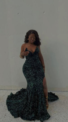 Robe de bal longue vert émeraude, robe de soirée à sequins scintillants Y1821