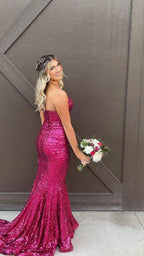 Vestido largo de fiesta sin tirantes color fucsia con lentejuelas, elegante vestido de noche corte sirena Y1876