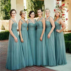 Baoleely Sheath Floor-Length Tulle Dusty Blue Bridesmaid Dresses Sleeveless