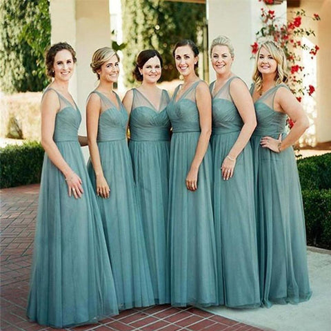 Baoleely Sheath Floor-Length Tulle Dusty Blue Bridesmaid Dresses Sleeveless
