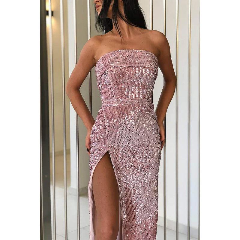 Vestido de fiesta elegante con corte tubo y abertura, sin tirantes, con lentejuelas y brillo, para noche formal. 