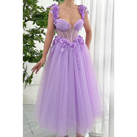 Vestido de noche de fiesta de graduación con escote en forma de A de tul, tirantes finos y apliques florales 