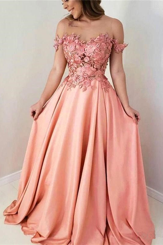 Robe de soirée trapèze à épaules dénudées ornée d'appliqués