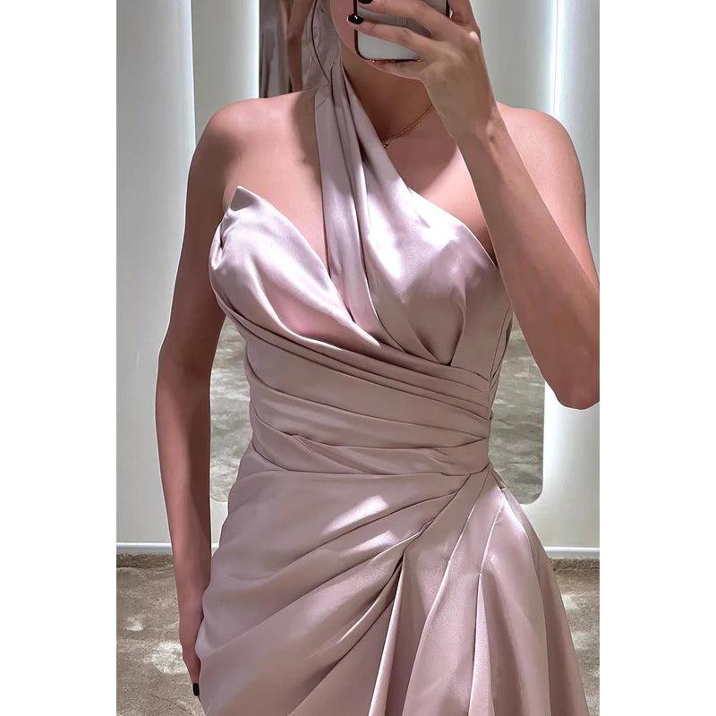 Vestido de fiesta sin mangas, de satén, con pliegues y un solo hombro, corte tubo/columna