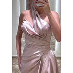 Vestido de fiesta sin mangas, de satén, con pliegues y un solo hombro, corte tubo/columna