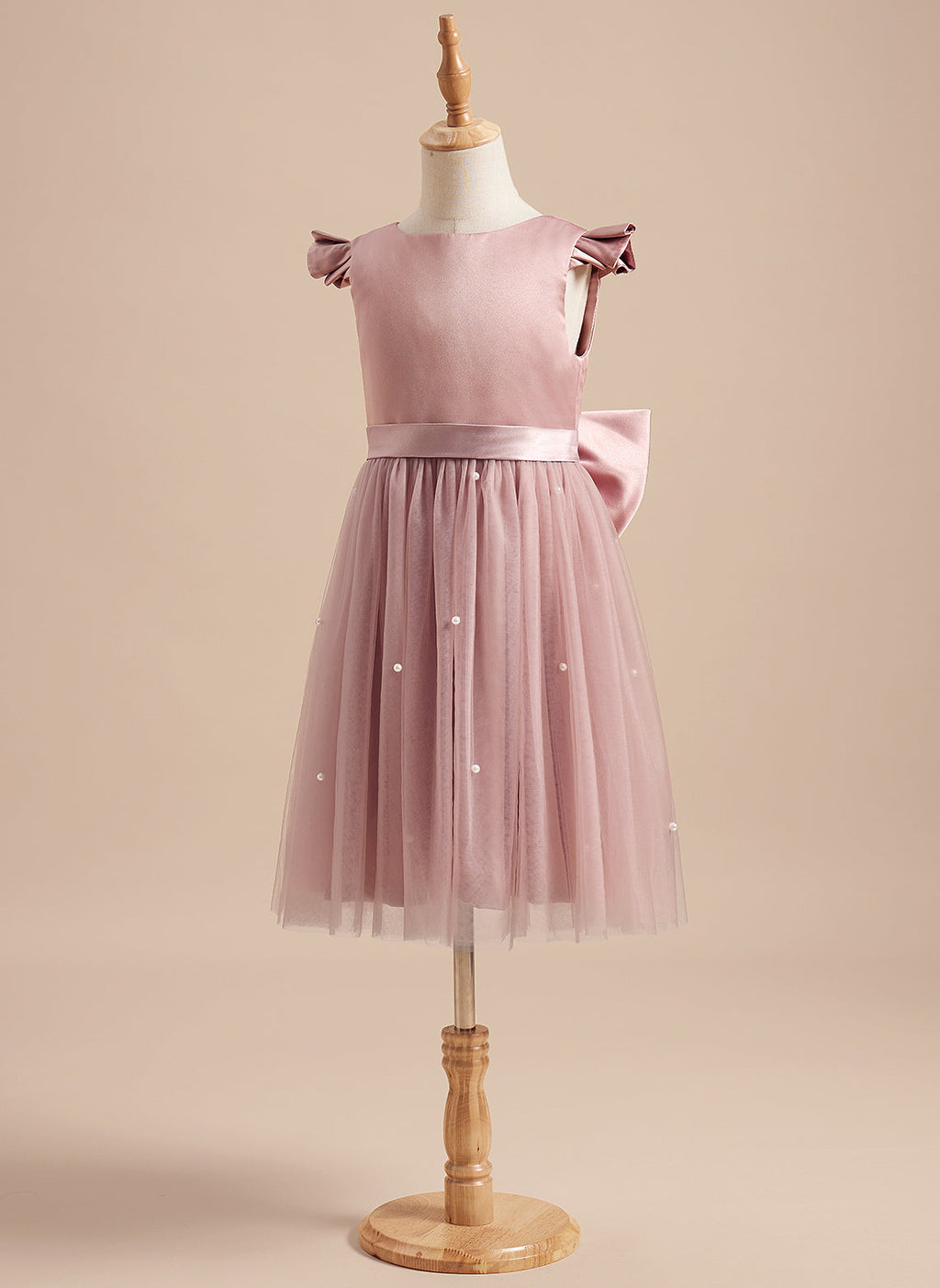 Vestido rosa empolvado de corte A y tul satinado hasta la rodilla (2003227179) 