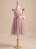 Vestido rosa empolvado de corte A y tul satinado hasta la rodilla (2003227179) 