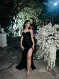 Vestido largo de fiesta de sirena sexy de satén con abertura de encaje negro Y7646