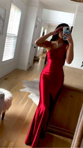 Vestido largo de fiesta rojo satinado de un solo hombro, vestido de noche glamuroso Y431
