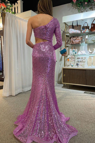 Mermaid One Shoulder Purple Sequins Cut Out Prom Dress