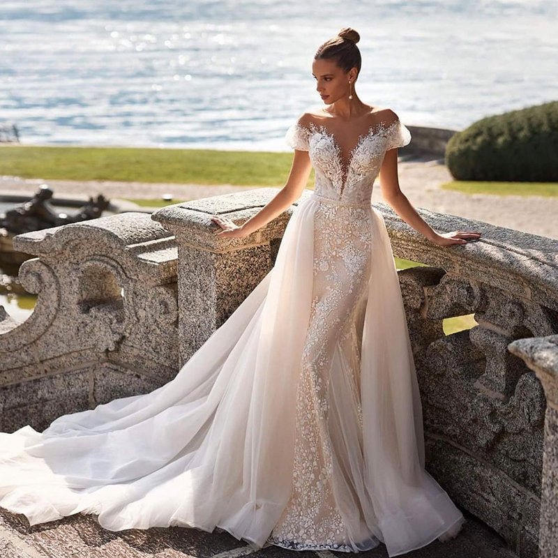 Luxury Detachable 2 In 1 Wedding Mermaid Dress Embroidered Lace On Net With Square Collar Sleeveless Bride Gowns Vestido De Novi