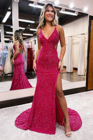 Vestido largo de fiesta estilo sirena con escote en V, lentejuelas fucsia y espalda descubierta