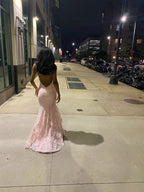 Robe de soirée sirène en dentelle rose romantique dos nu sans manches avec traîne Y1490