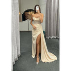 Vestido formal de noche con escote en forma de corazón, de satén con cuentas y abertura para graduación