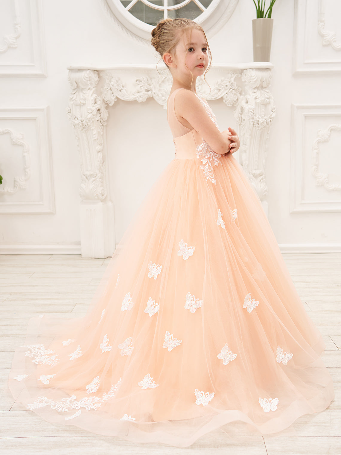 Elegante vestido de princesa sin mangas de tul para niña de las flores, corte en A 