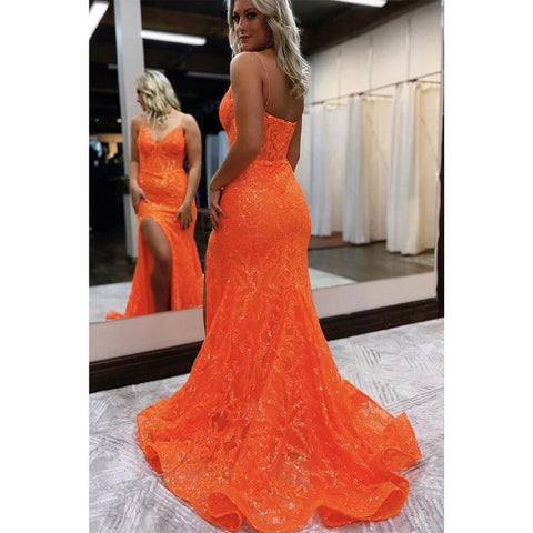 Robe de bal sirène sexy à paillettes et décolleté en V avec fente