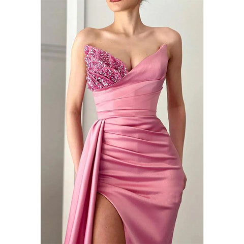 Robe de soirée longue sexy en satin à col en V et perles