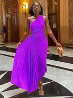 Robe trapèze plissée sans manches à taille roulée, sans manches, à une épaule, sexy, style bal de promo et soirée.