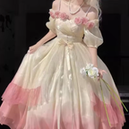Vestido de fiesta de disfraces con rosas, flores y degradado rosa champán. Vestido de novia floral vintage de princesa con perlas Y2401