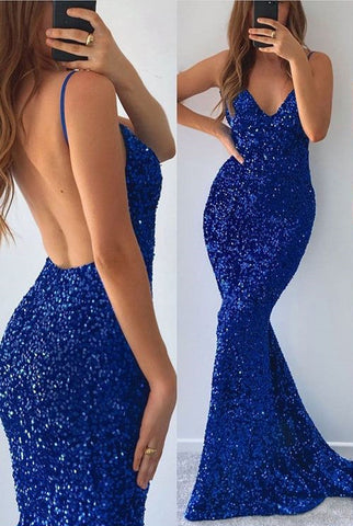 Royal Blue Long V-neck Mermaid Sequins Backless Prom Dress with Split
