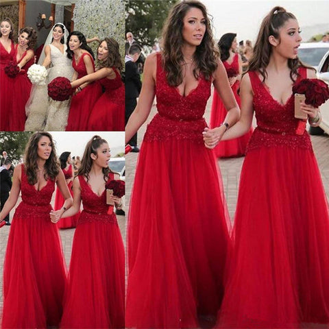 Vestidos de dama de honor rojos baratos con escote en V, apliques de cuentas y estilo sexy de Baoleely