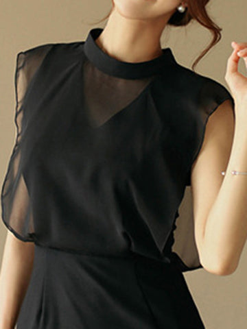 Vestidos de noche midi sueltos sin mangas de gasa calada transparente con abertura en la entrepierna, cremallera y cuello alto 