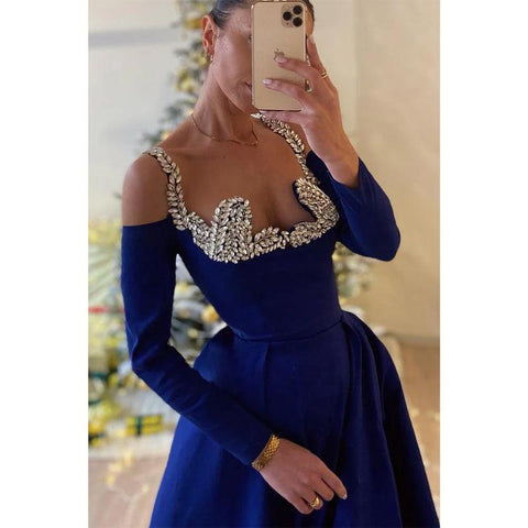Satin A-line Off-shoulder Beaded Empire Party Prom Evening Dress