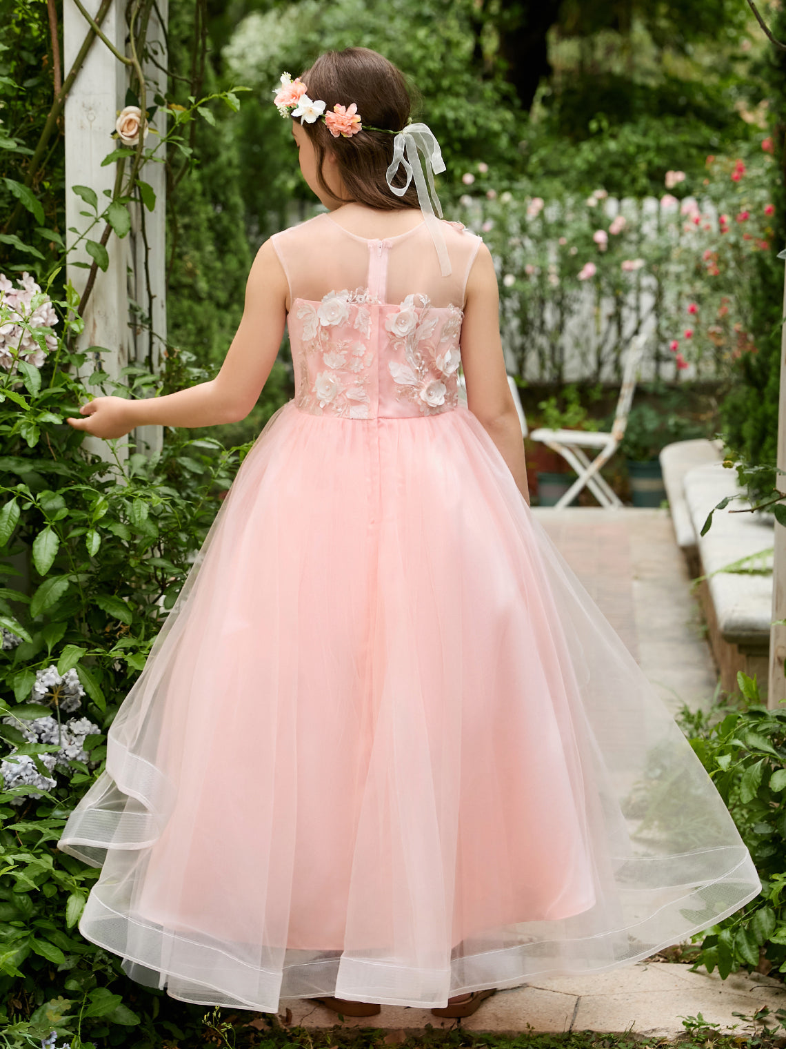 Vestido de princesa asimétrico de tul rosa para niña de las flores 