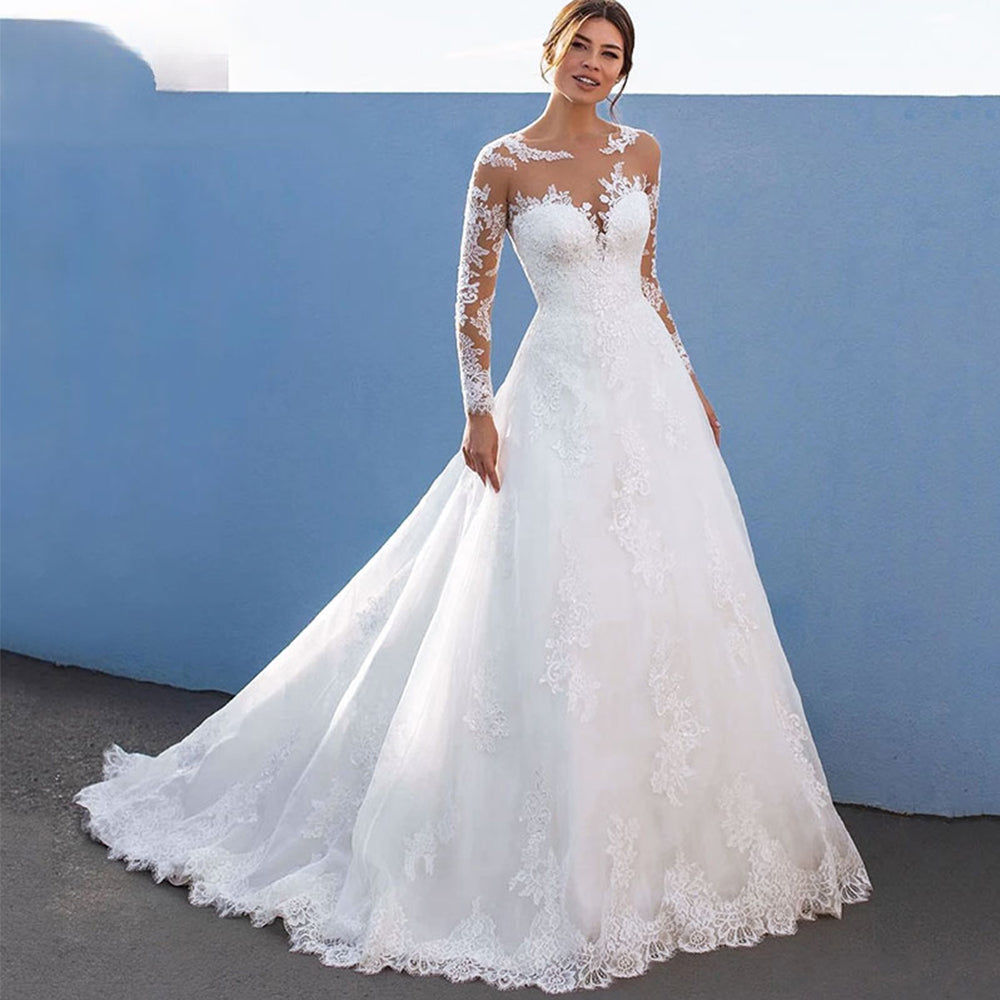 Robes de mariée élégantes de coupe trapèze pour femmes, manches longues en dentelle avec appliques, robe de mariée en tulle illusion, vestidos de novia 