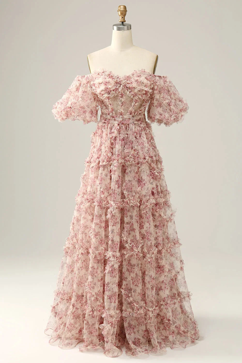 Magnifique robe de bal bustier rose à imprimé floral, coupe trapèze, épaules dénudées et traîne.