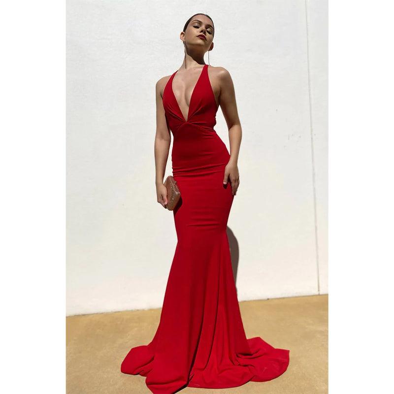 Vestido de fiesta de sirena con pliegues y escote en V profundo sexy 