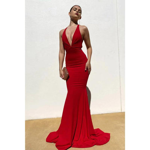 Robe de bal sirène sexy à décolleté en V profond et plis 