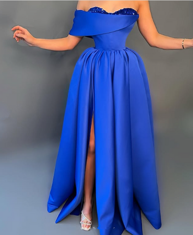 Elegant Blue Satin Sequins evening Dress Off The Shoulder Formal Slit Prom Dress Y8531