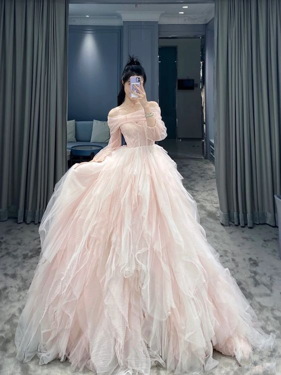 Vestido de baile de tul rosa con hombros descubiertos, vestido de princesa rosa Y5972