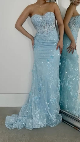 Vestido de noche de sirena azul brillante con apliques de tul, vestido de fiesta formal Y7871