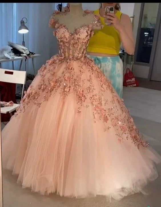Robe de bal rose poudré à fleurs appliquées, robe de bal en tulle coupe A, robe de quinceañera Y388
