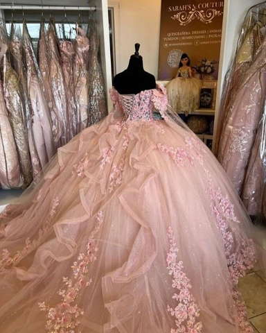 Vestido rosa de quinceañera con hombros descubiertos, flores, apliques de encaje, cuentas, estilo princesa, vestido de fiesta, dulce 16, baile Y2936
