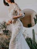 Robe de mariée blanche sirène longue Y101, décolleté illusion, manches longues, dos nu, taille naturelle, dentelle et traîne