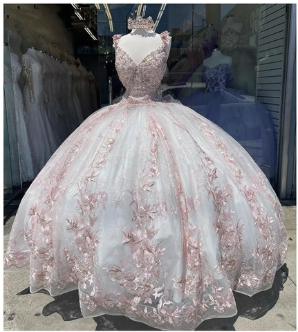 Vestido de quinceañera de princesa, vestido de baile con apliques de flores, rosa y blanco, vestido de fiesta de 16 años Y6301