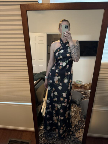 Pretty Halter Navy Blue Satin Print Long Prom Dress Evening Dress Y8453