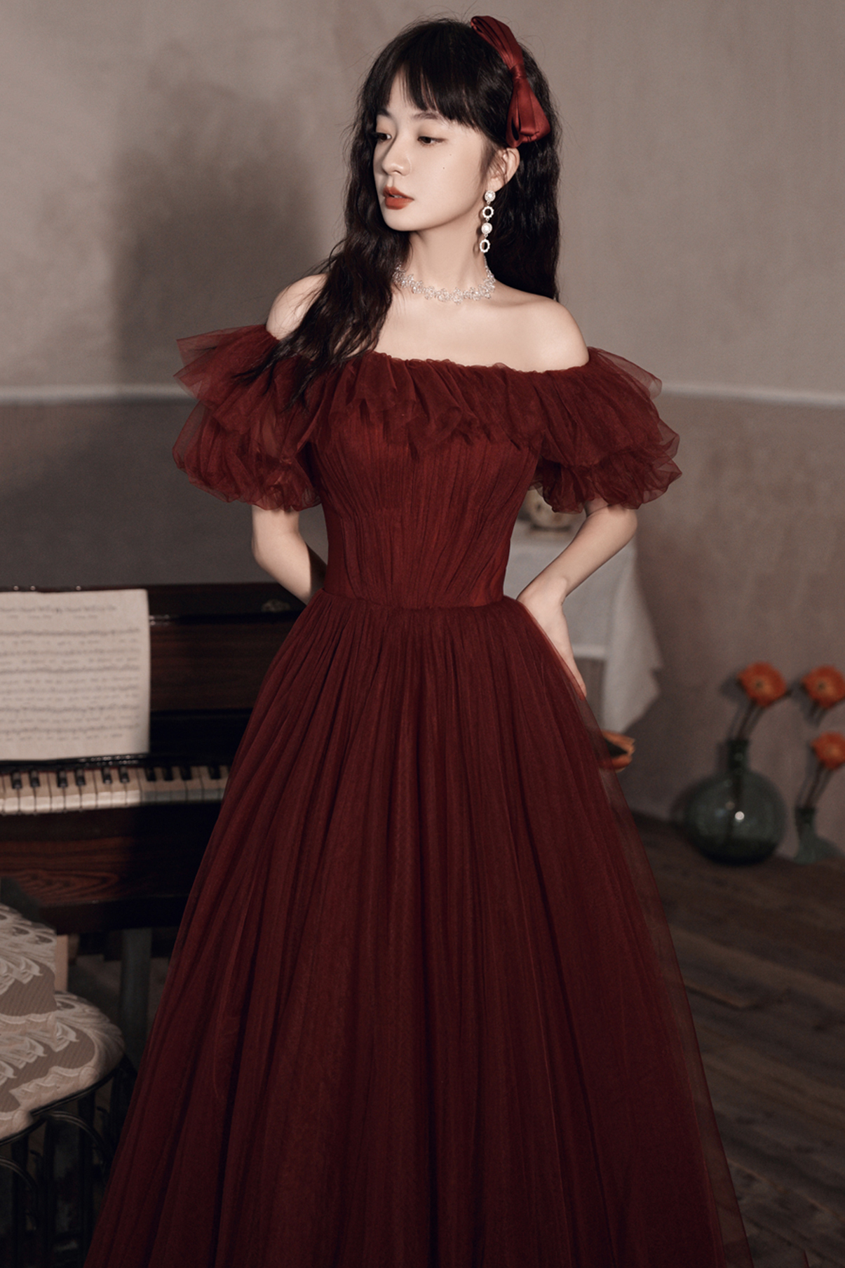 Burgundy Off The Shoulder Tulle Line Prom Dress Evening Dress Y8351