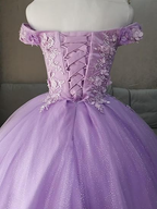 Vestido de gala azul con hombros descubiertos, vestido de graduación brillante con flores S26908