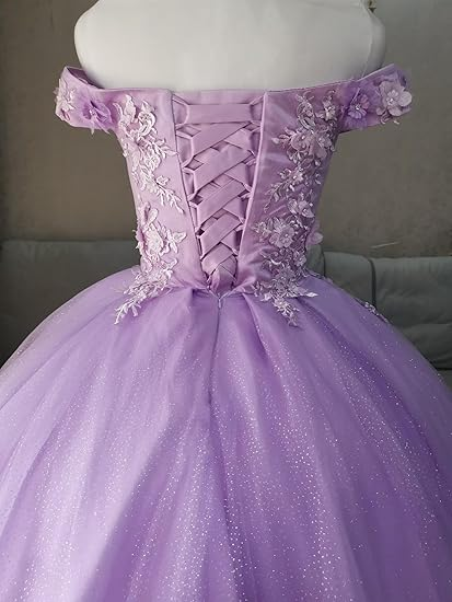 Vestido de gala azul con hombros descubiertos, vestido de graduación brillante con flores S26908