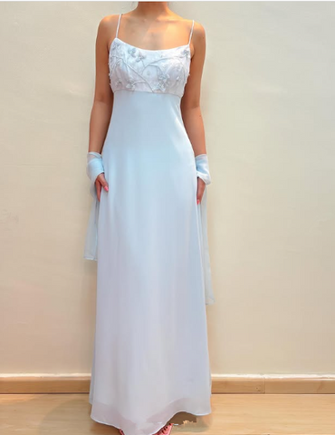 Elegante vestido de noche de fiesta con tirantes, apliques de gasa y cuentas en color azul pastel Y8142