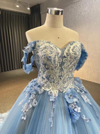 Vestido de baile azul de tul y encaje con hombros descubiertos, vestido para quinceañera Y6855